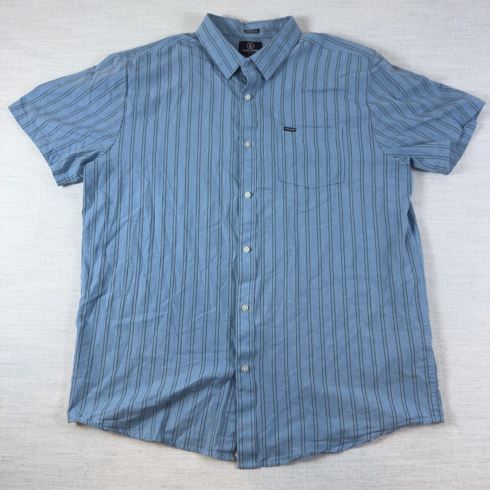 Volcom Mens XXL Blue Pinstripe Short Sleeve Button Down Shirt Classic Fit